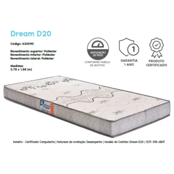 COLCHAO D20 ESPUMA DREAM SOLTEIRO GAZIN - Imagem 3